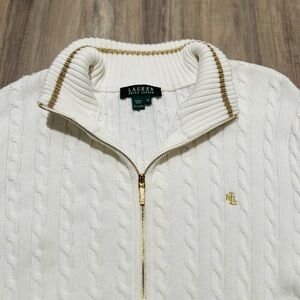 Lauren Ralph Lauren Ivory Cable-Knit Full-zip Sweater with Gold Accents size 3X